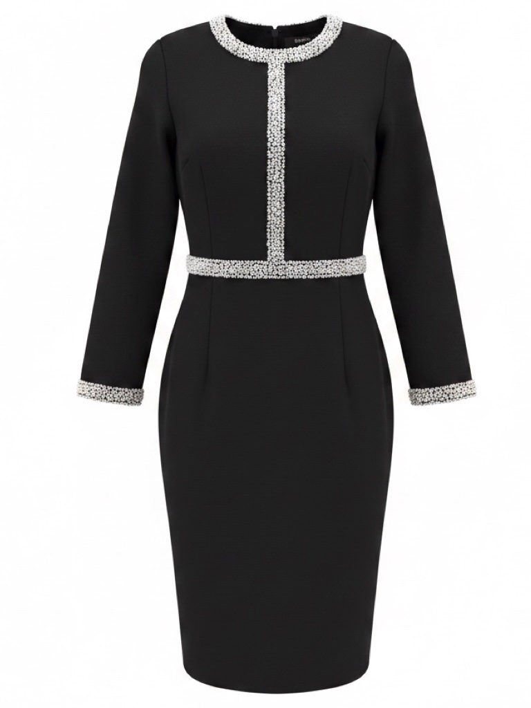 Badgley Mischka Black Pearl And Crystal Embellished Long Sleeved Midi Cocktail D